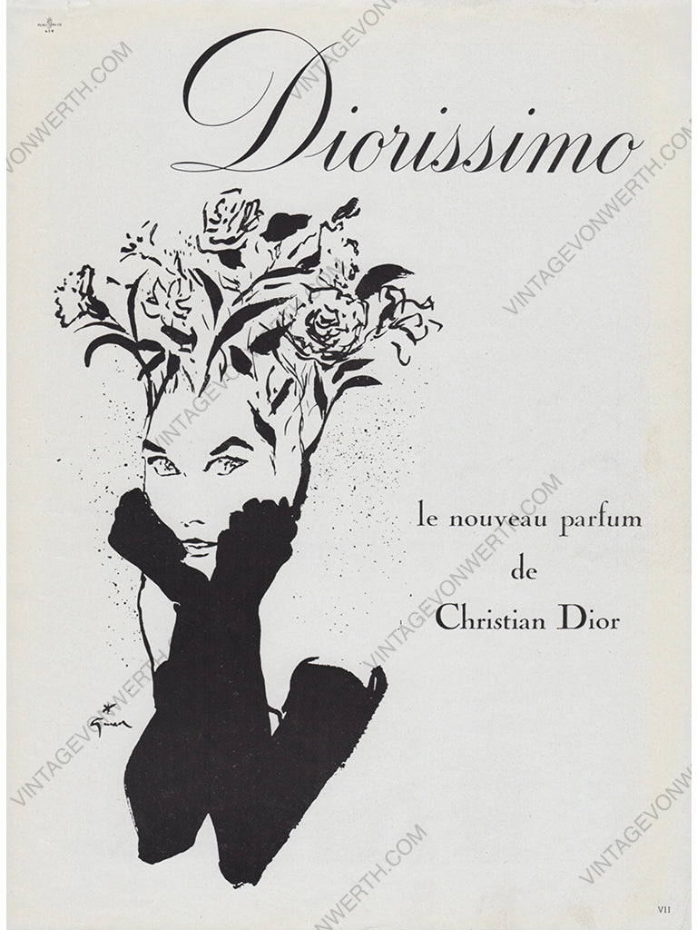 CHRISTIAN DIOR 1957 Vintage Print Advertisement Perfume René Gruau 1950s
