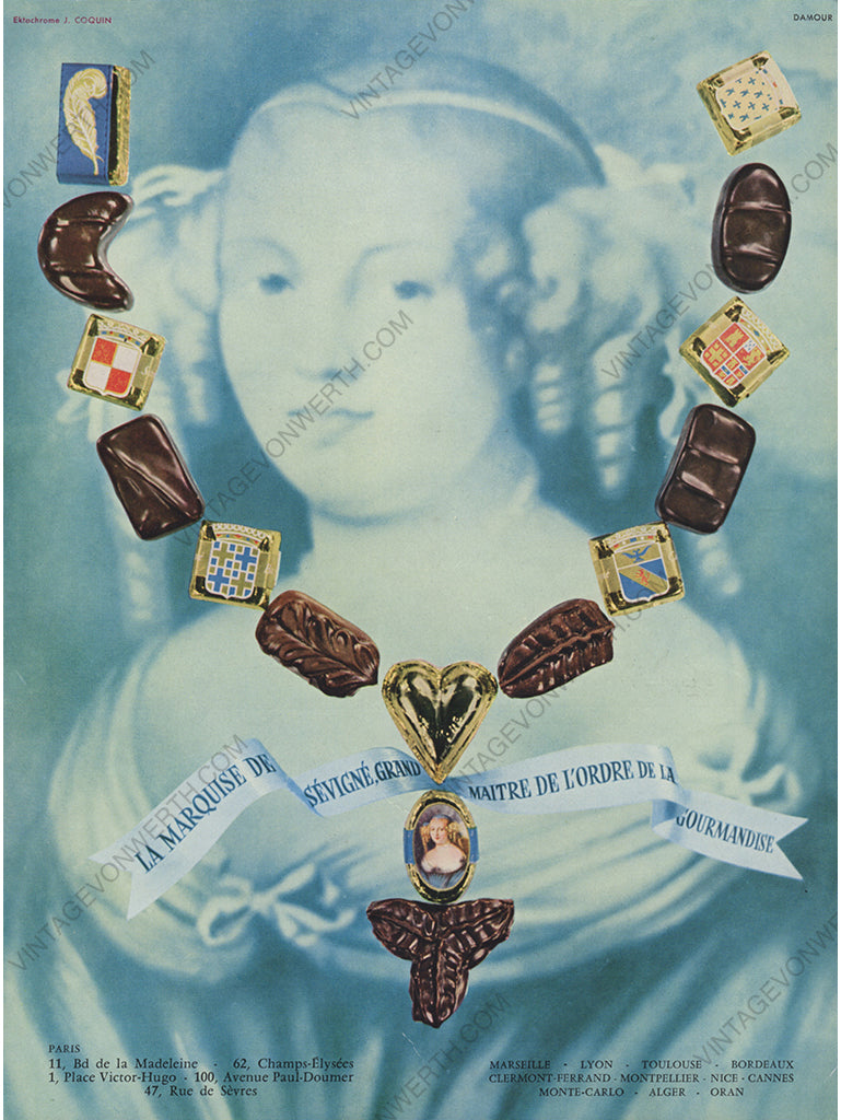 LA MARQUISE DE SÉVIGNÉ 1957 Vintage Print Advertisement Chocolate 1950s