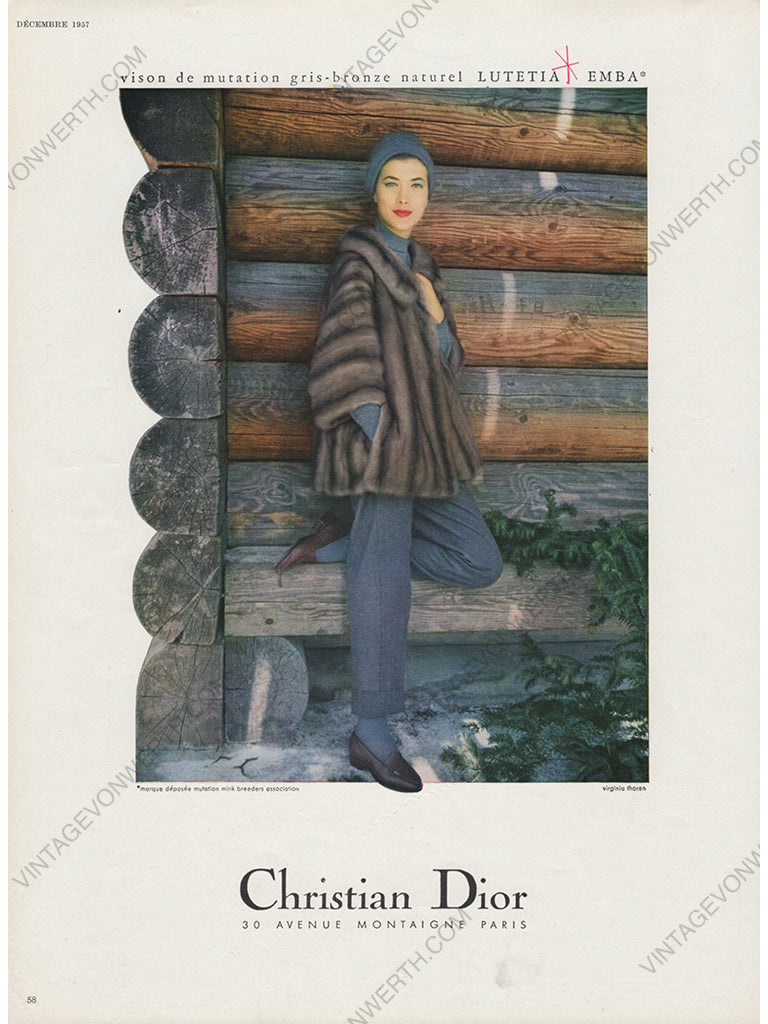 CHRISTIAN DIOR 1957 Vintage Print Advertisement Fashion Fur 1950s