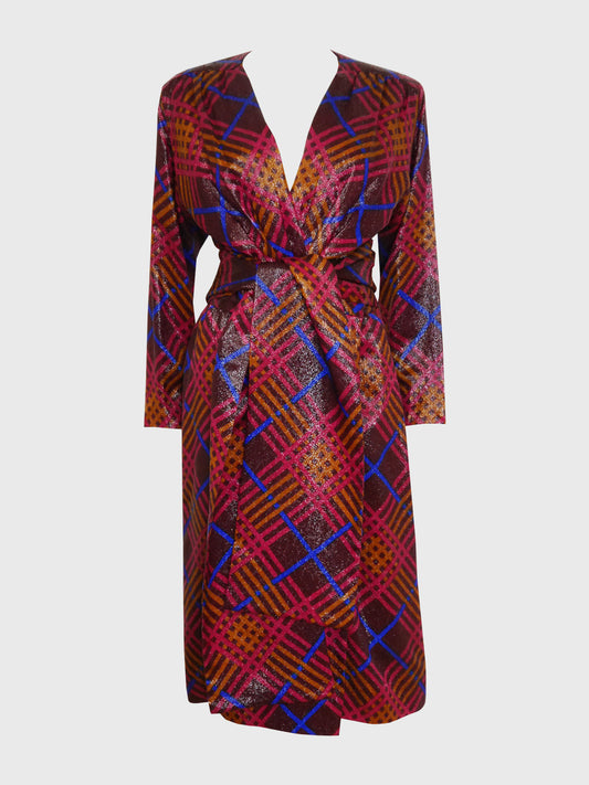YVES SAINT LAURENT Fall 1985 Vintage Metallic Silk Lamé Evening Wrap Dress w/ Belt Size M // Sold