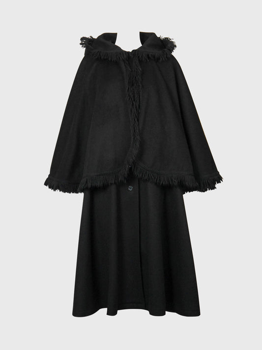 YVES SAINT LAURENT 1970s Vintage Fringed Hooded Wool Cape Coat Size S