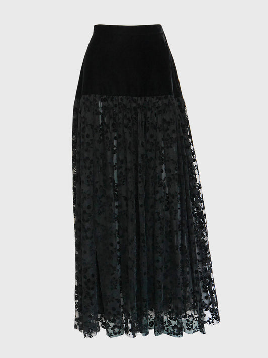 YVES SAINT LAURENT Fall 1982 Vintage Black Tulle & Velvet Maxi Evening Skirt