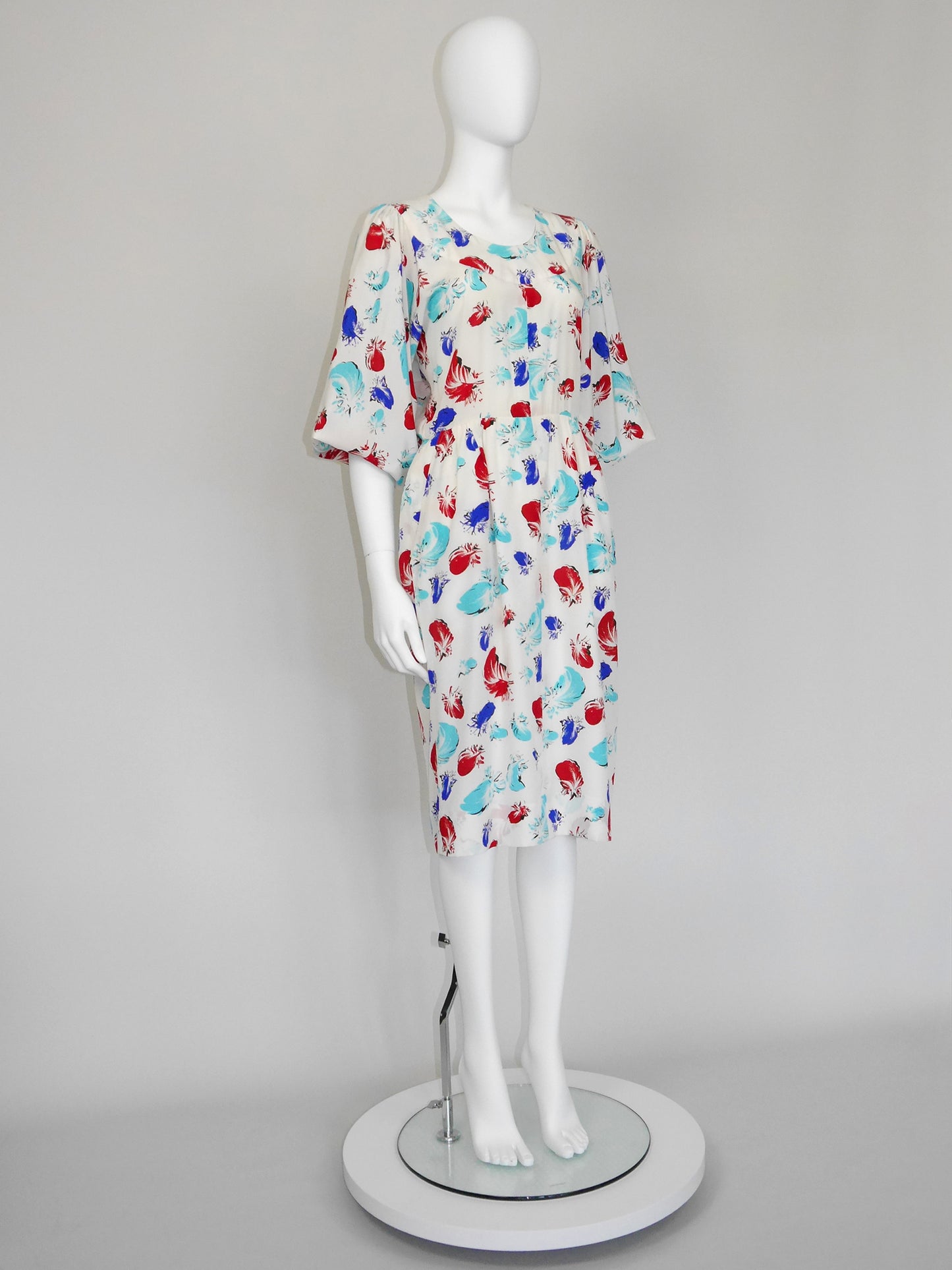 YVES SAINT LAURENT 1980s Vintage White Silk Feather Print Day Dress Size S