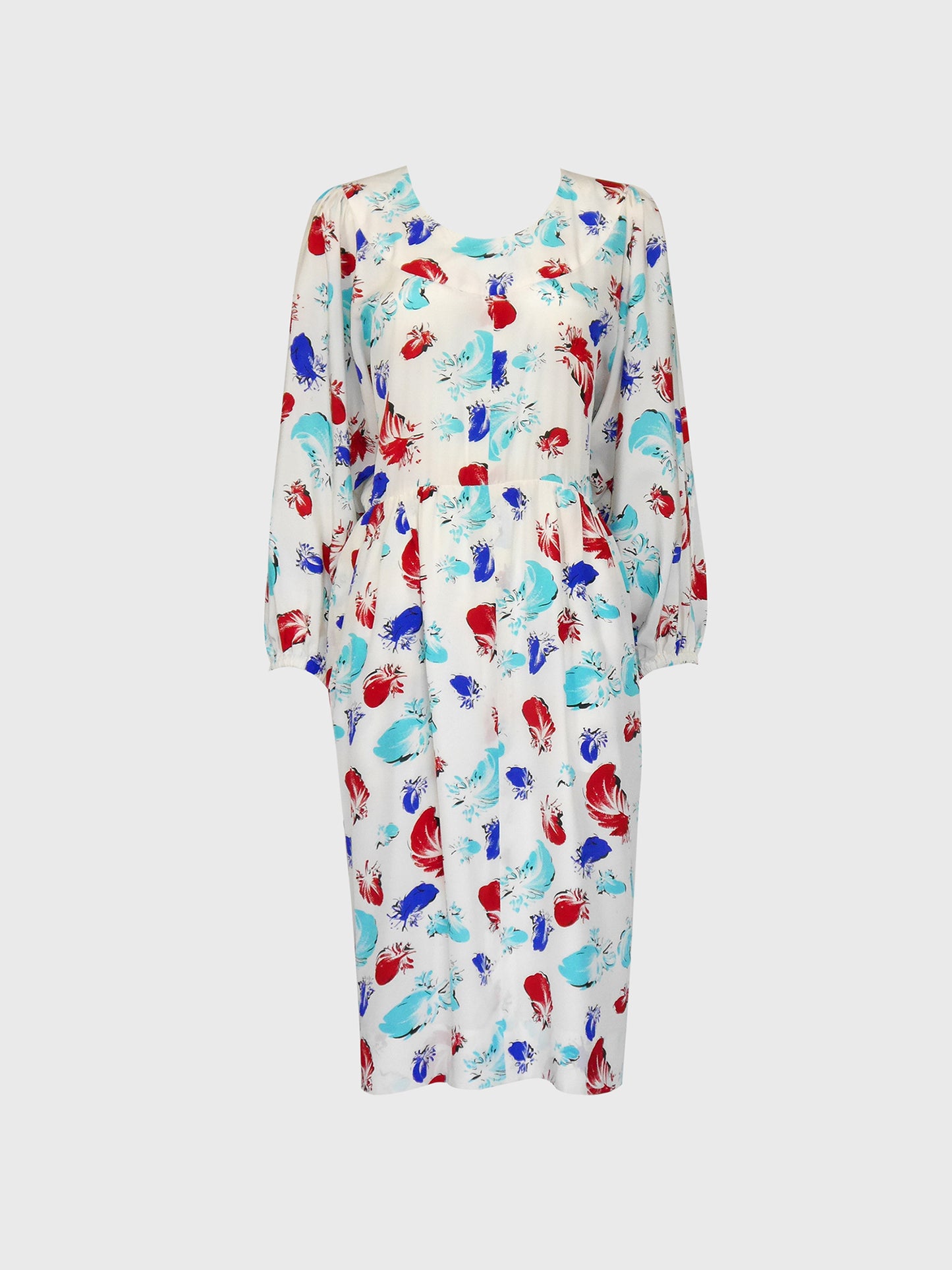 YVES SAINT LAURENT 1980s Vintage White Silk Feather Print Day Dress Size S