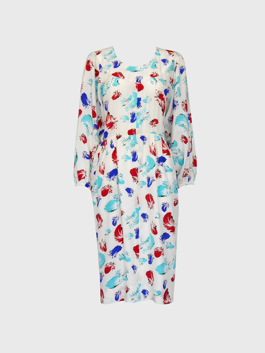 YVES SAINT LAURENT 1980s Vintage White Silk Feather Print Day Dress Size S