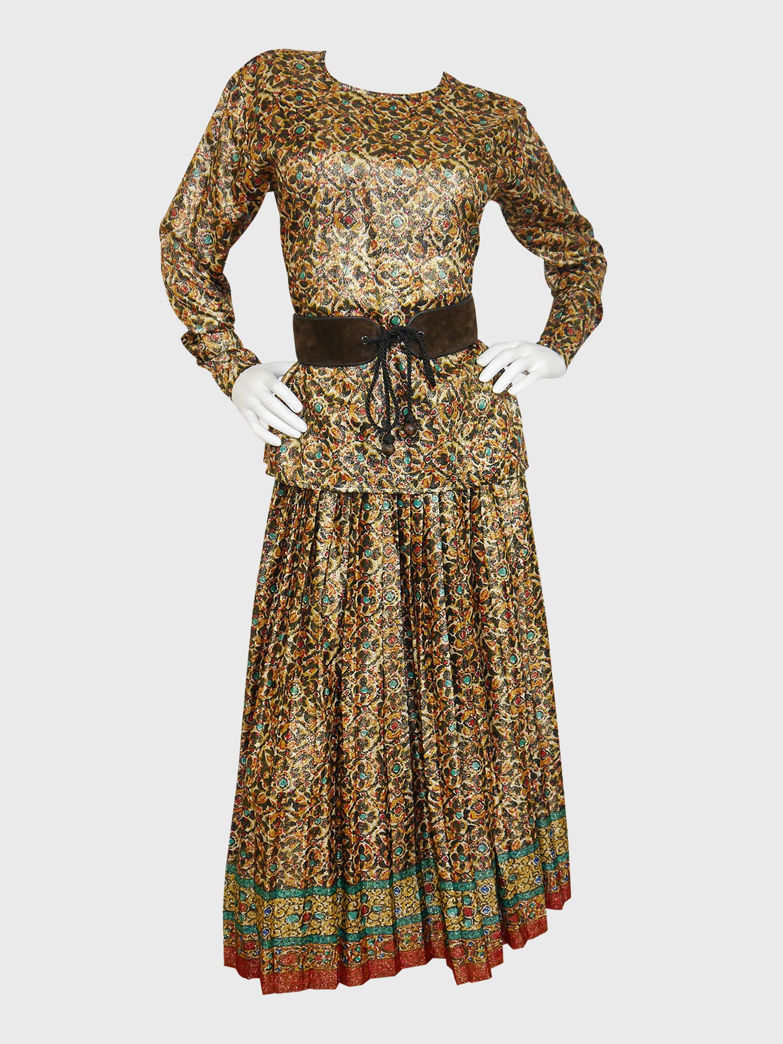 YVES SAINT LAURENT Fall 1984 Silk Lame Evening Ensemble Blouse & Maxi Skirt