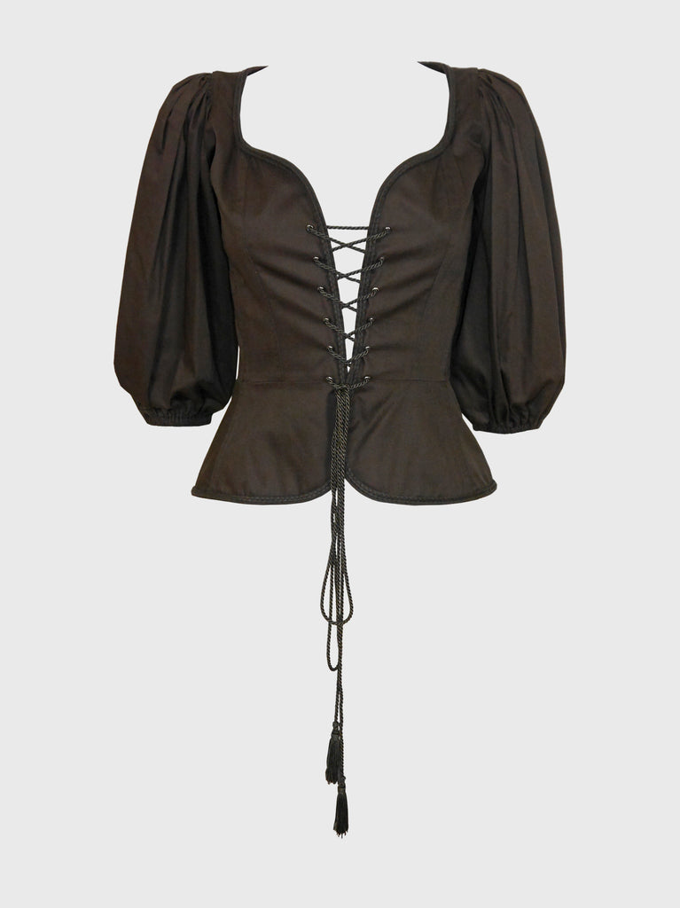 YVES SAINT LAURENT 1970s Vintage Lace Up Peasant Blouse Brown