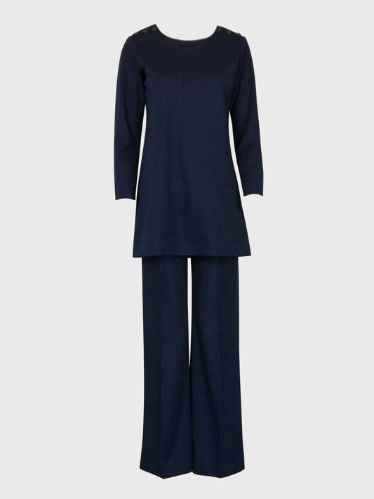 YVES SAINT LAURENT 1960s 1970s Vintage Dark Blue Tunic Top & Pants Suit Size XS