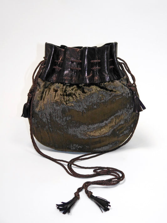 YVES SAINT LAURENT 1970s Vintage Brown Velvet & Metallic Leather Tassel Handbag Shoulderbag