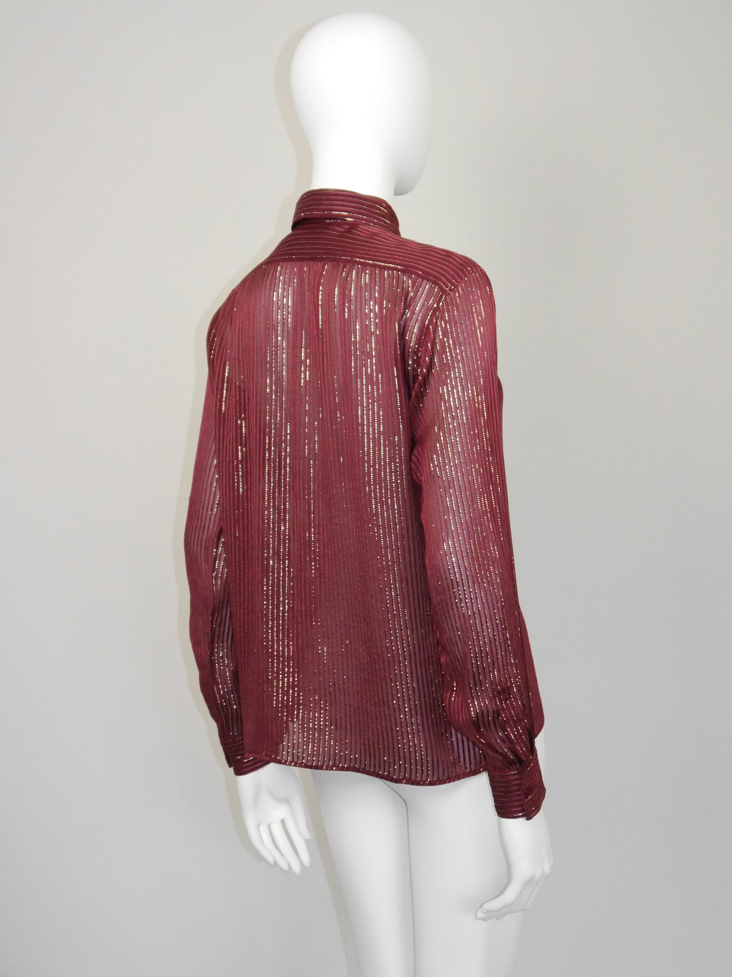 YVES SAINT LAURENT 1970s Vintage Burgundy Silk & Gold Lurex Evening Blouse Size XS-S