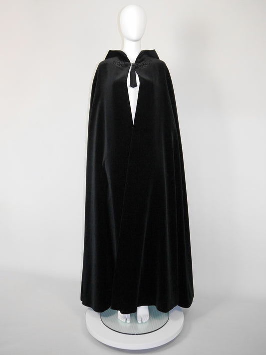 YVES SAINT LAURENT 1970s Vintage Black Velvet Hooded Maxi Cape Passementerie Size S