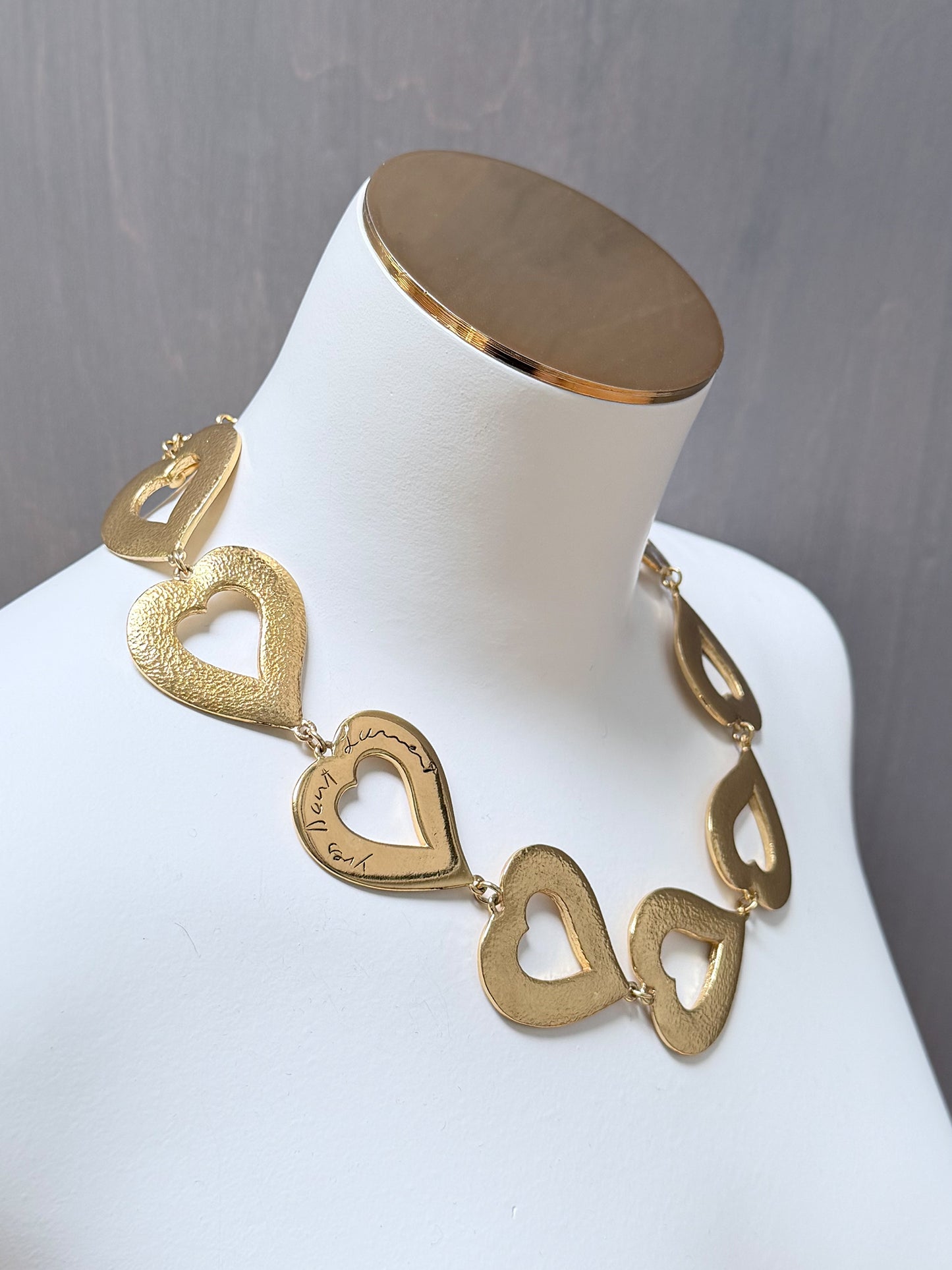 YVES SAINT LAURENT 1980s 1990s Vintage Gold-Tone Structured Heart Link Necklace