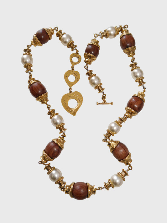 YVES SAINT LAURENT c. 1990s Vintage Massive Oversized Beaded Necklace Wood & Faux Pearls 91,0 cm