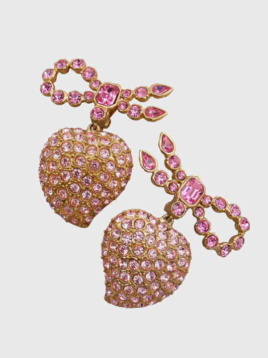 YVES SAINT LAURENT 1980s 1990s Vintage Baby Pink Rhinestone Heart Clip-On Earrings // Sold