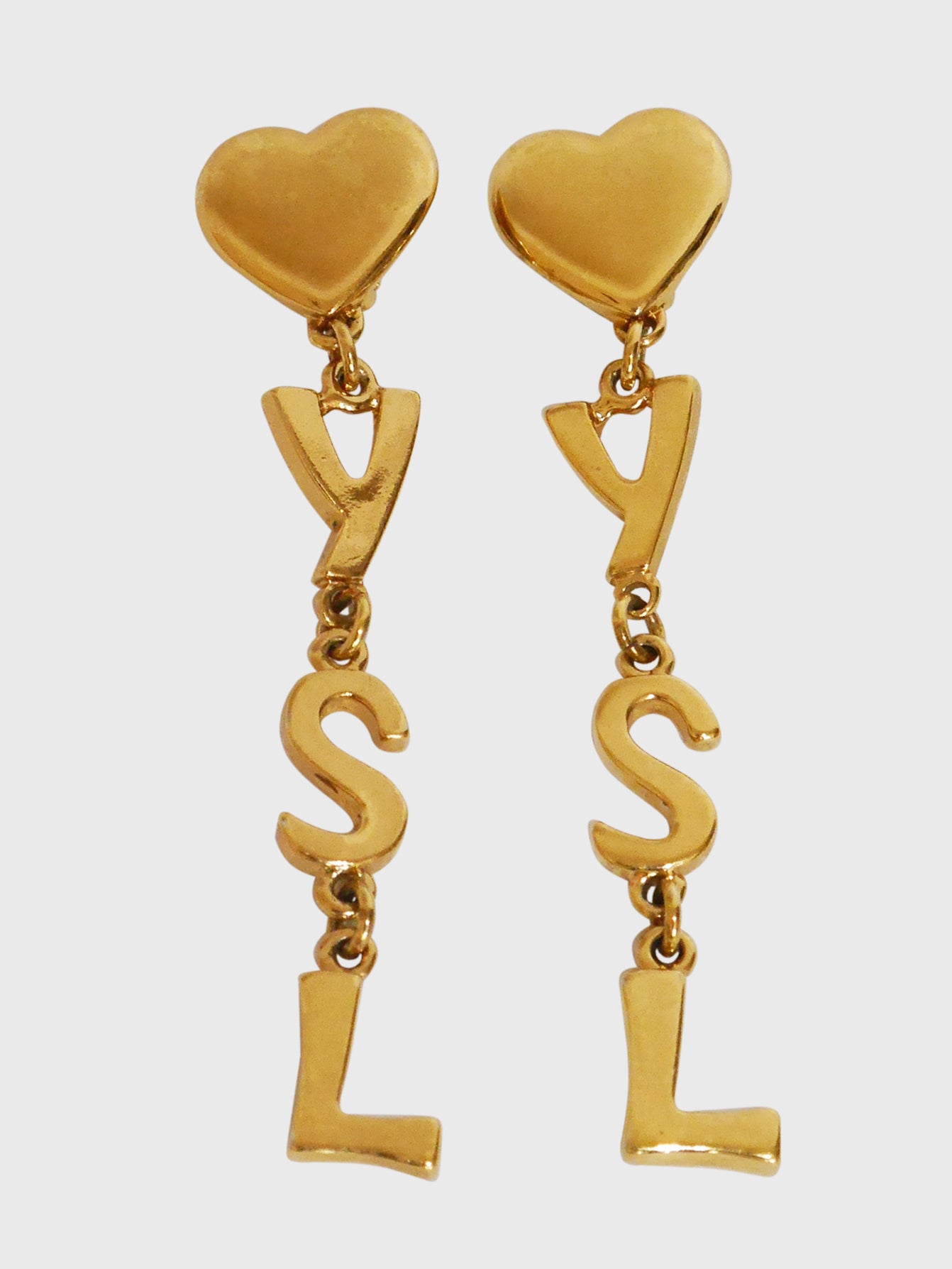 YVES SAINT LAURENT Vintage YSL Logo Initials Heart Clip-On Dangle Earrings