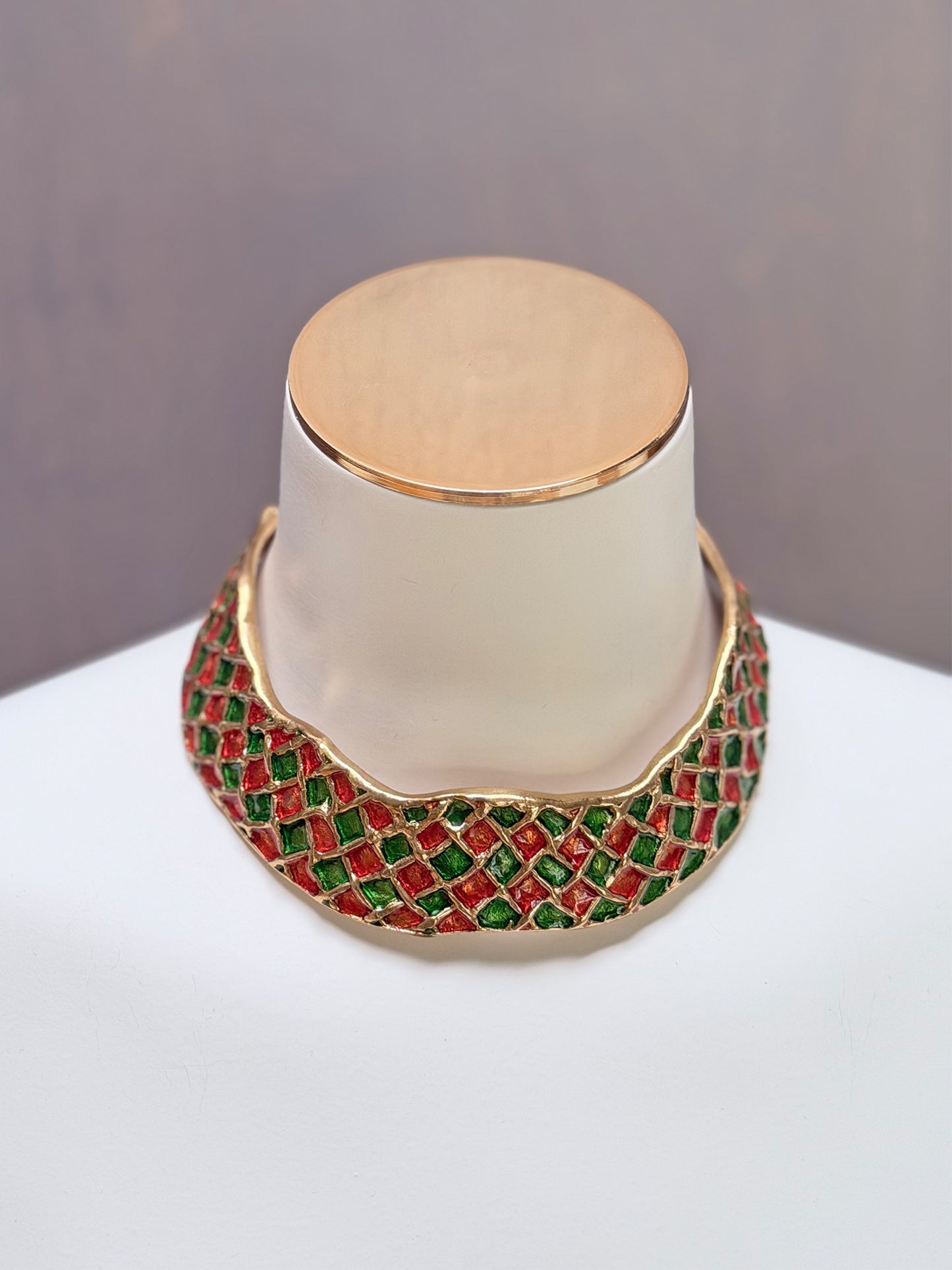 YVES SAINT LAURENT Vintage Harlequin Choker Necklace Collier Gold & Enamel