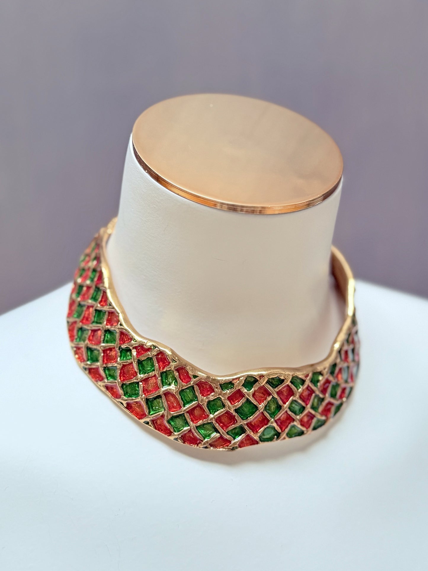 YVES SAINT LAURENT Vintage Harlequin Choker Necklace Collier Gold & Enamel