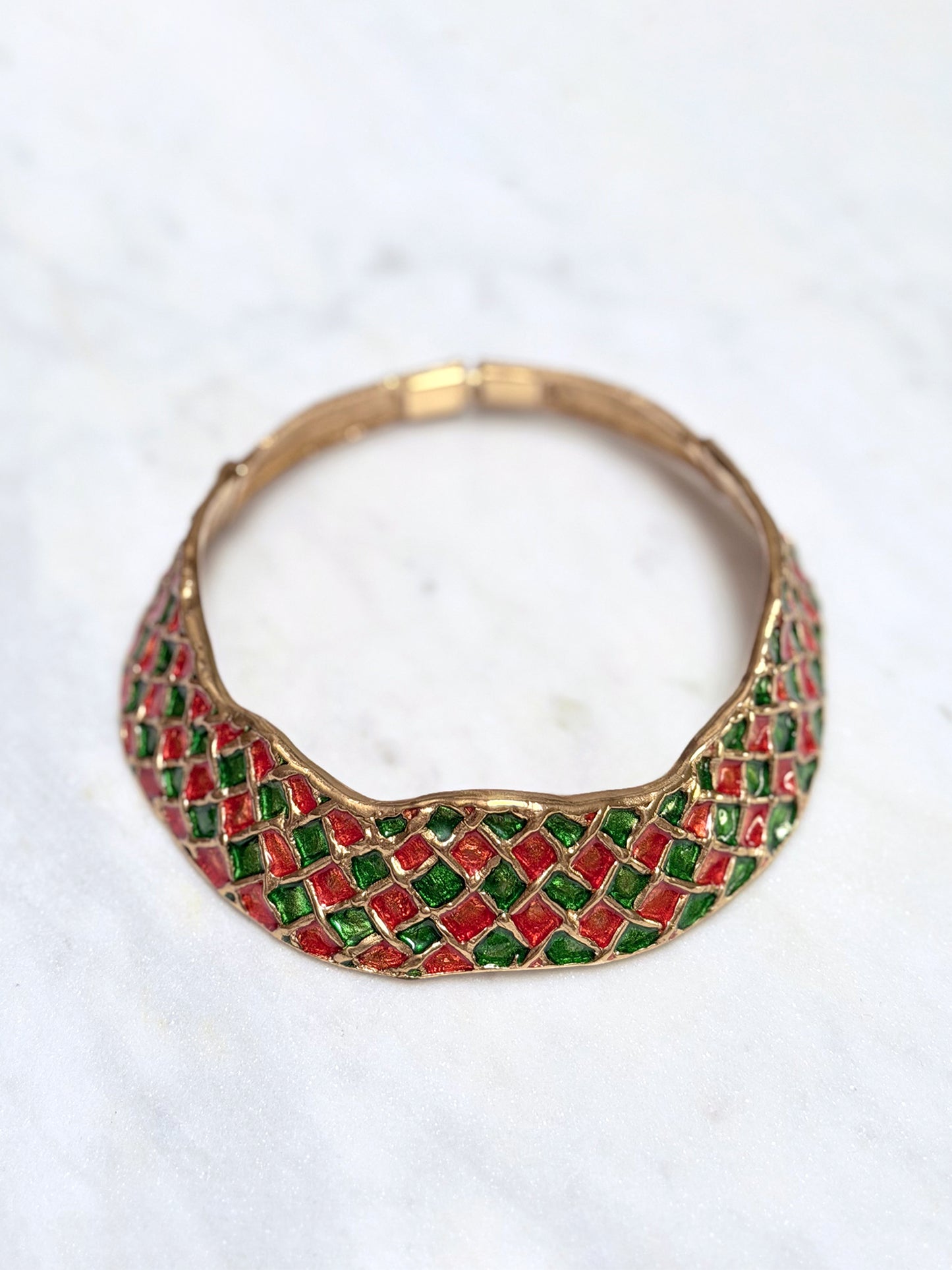 YVES SAINT LAURENT Vintage Harlequin Choker Necklace Collier Gold & Enamel