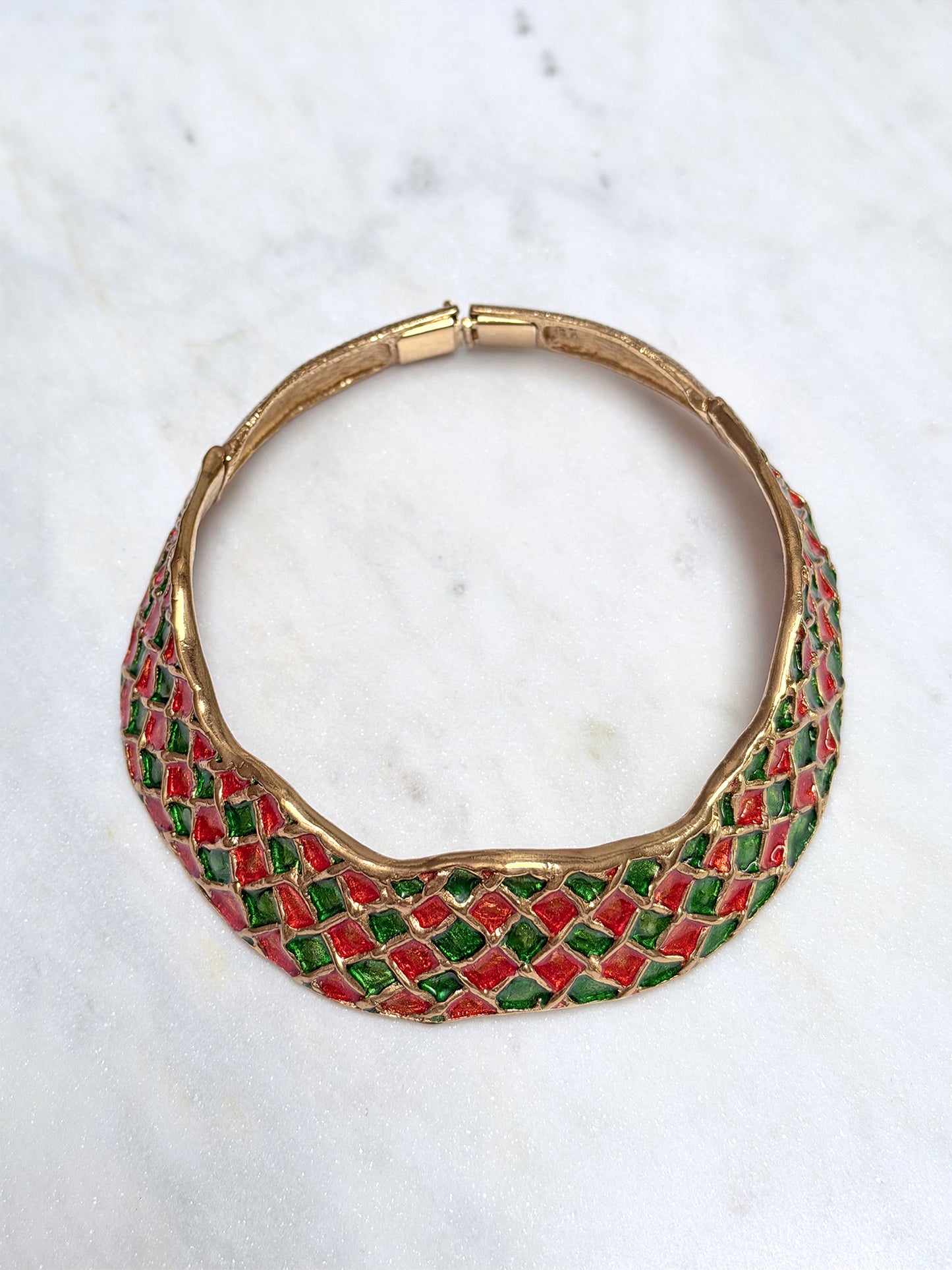 YVES SAINT LAURENT Vintage Harlequin Choker Necklace Collier Gold & Enamel