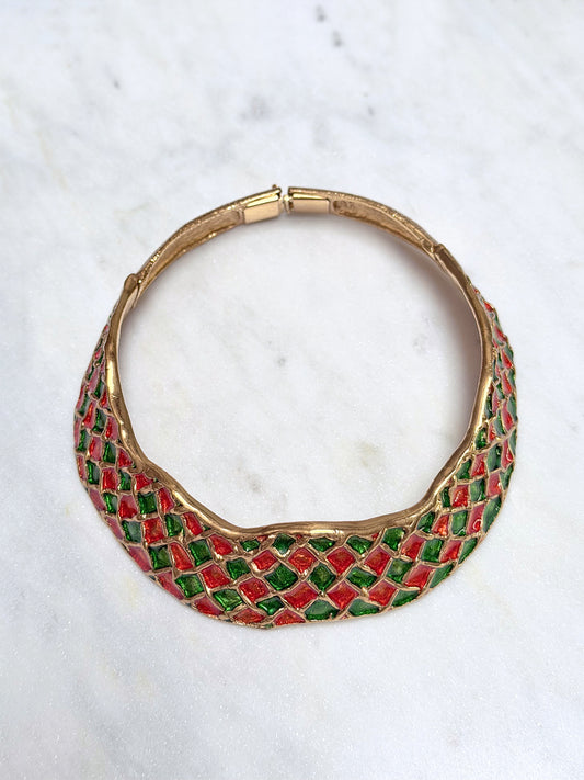 YVES SAINT LAURENT Vintage Harlequin Choker Necklace Collier Gold & Enamel