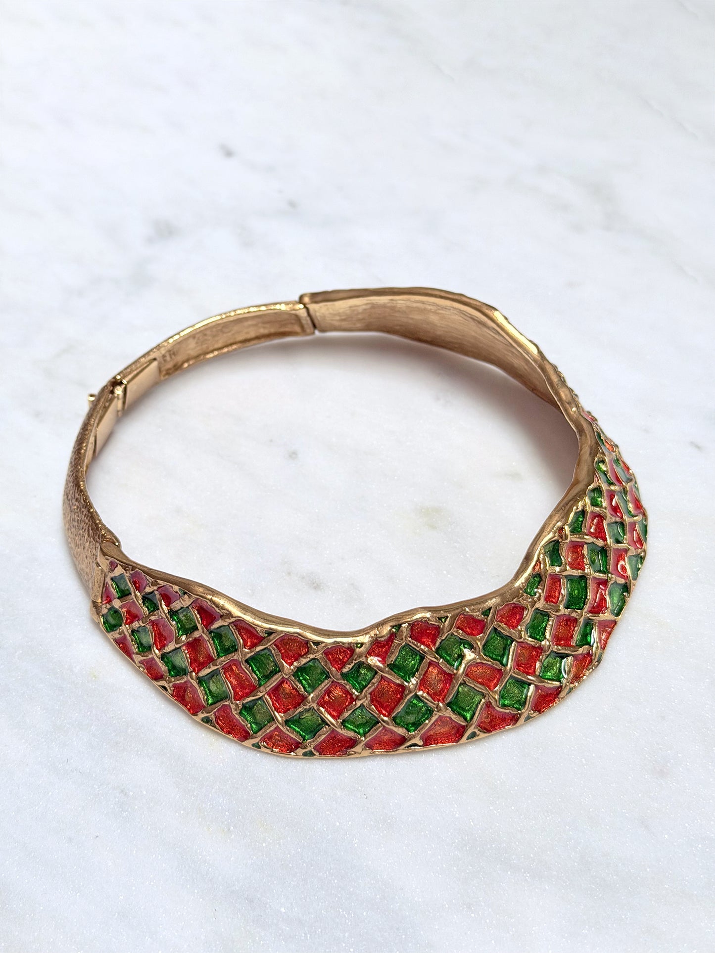 YVES SAINT LAURENT Vintage Harlequin Choker Necklace Collier Gold & Enamel