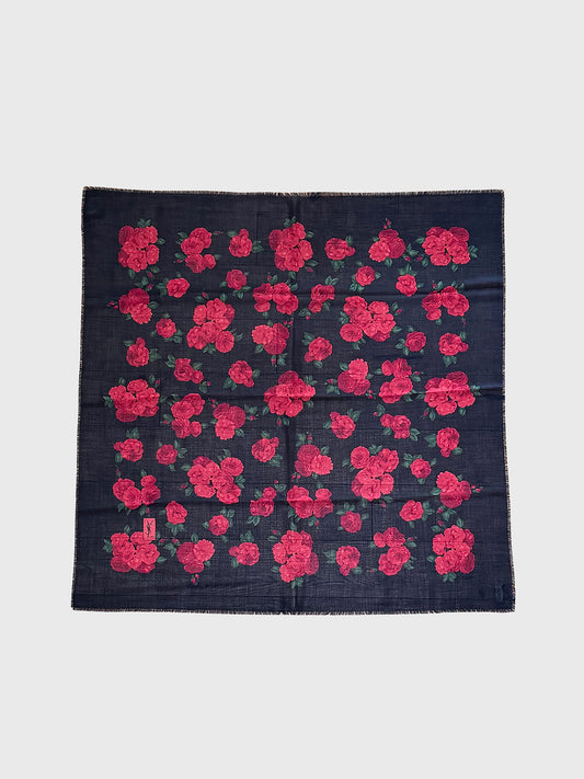 YVES SAINT LAURENT Vintage Rose Print Oversized XL Scarf Shawl Wool & Silk 135x135 cm