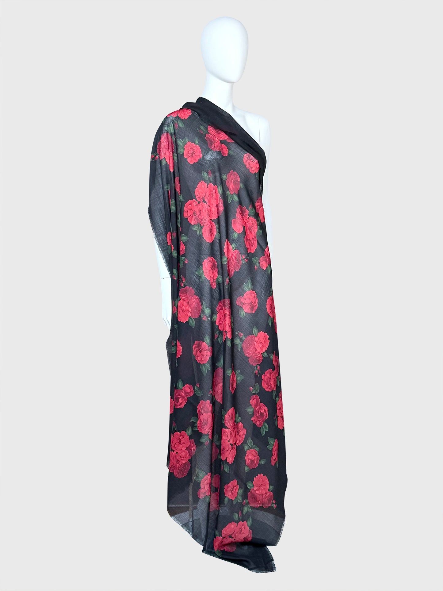 YVES SAINT LAURENT Vintage Rose Print Oversized XL Scarf Shawl Wool & Silk 135x135 cm