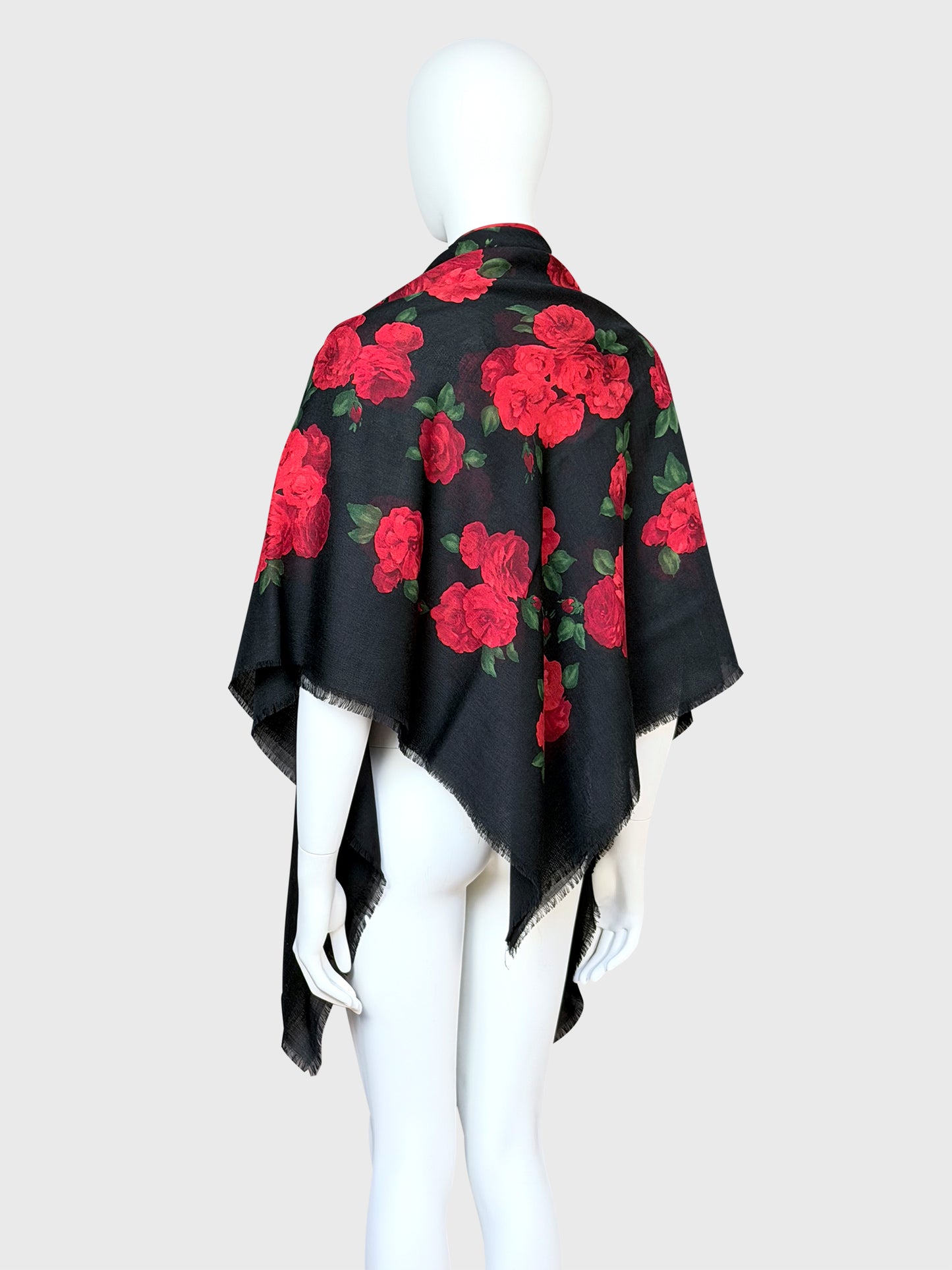 YVES SAINT LAURENT Vintage Rose Print Oversized XL Scarf Shawl Wool & Silk 135x135 cm