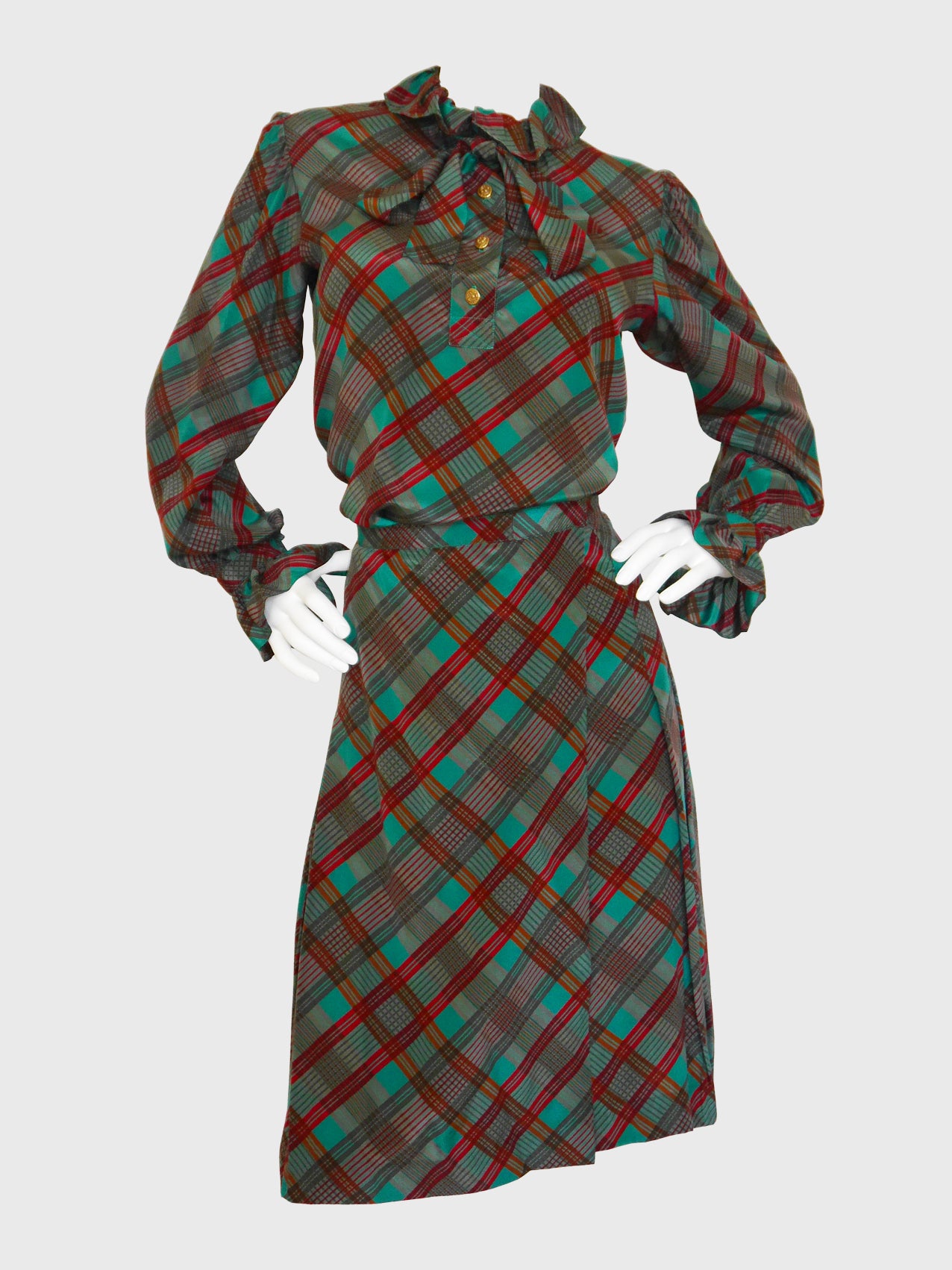 YVES SAINT LAURENT 1970s Vintage Silk Blouse & Skirt Ensemble