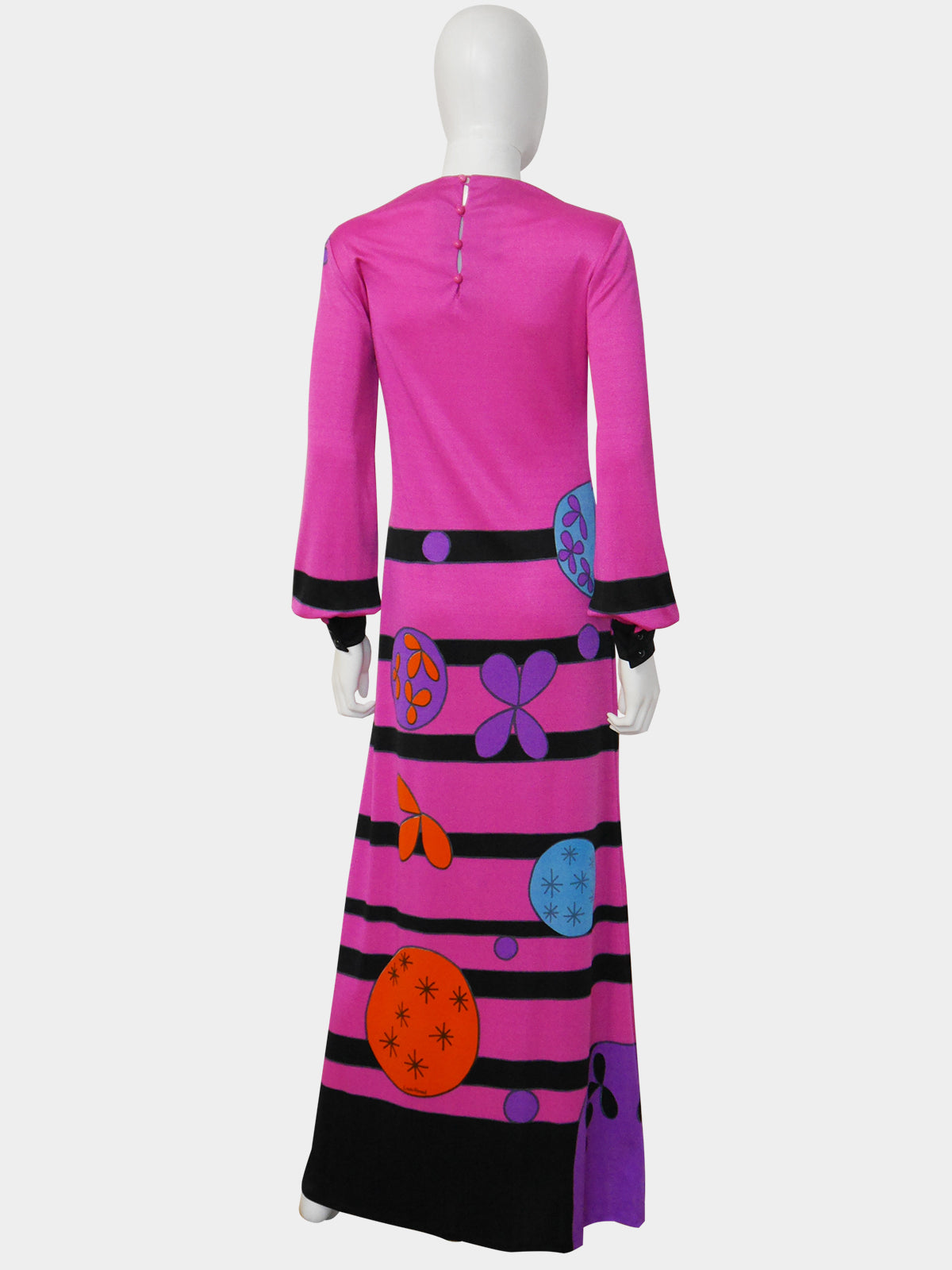 LOUIS FÉRAUD 1960s 1970s Vintage Magenta Pink Psychedelic Print Maxi Evening Dress Size S