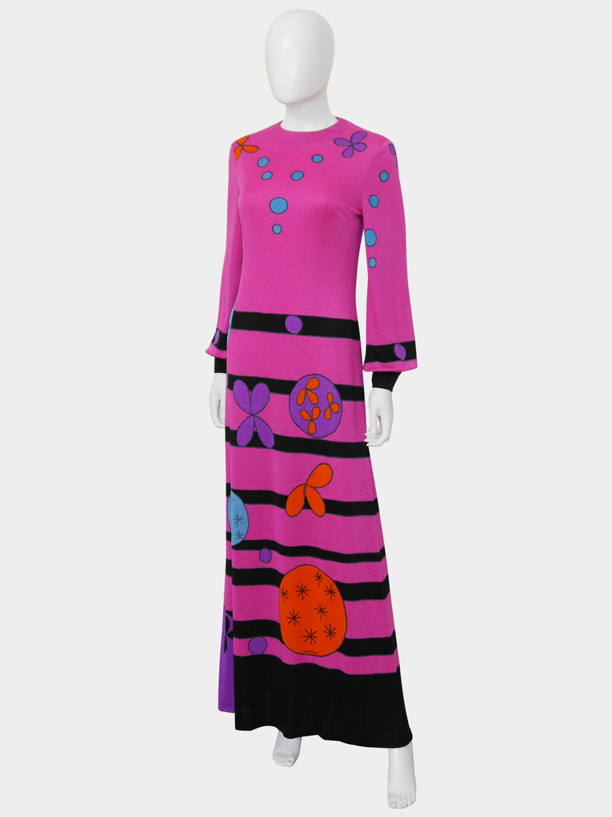 LOUIS FÉRAUD 1960s 1970s Vintage Magenta Pink Psychedelic Print Maxi Evening Dress Size S
