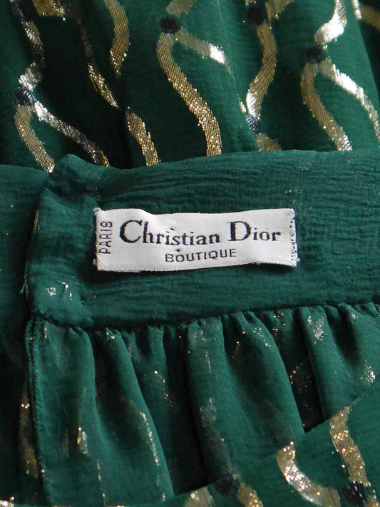 CHRISTIAN DIOR 1970s Vintage Green & Gold Silk Lamé Evening Dress