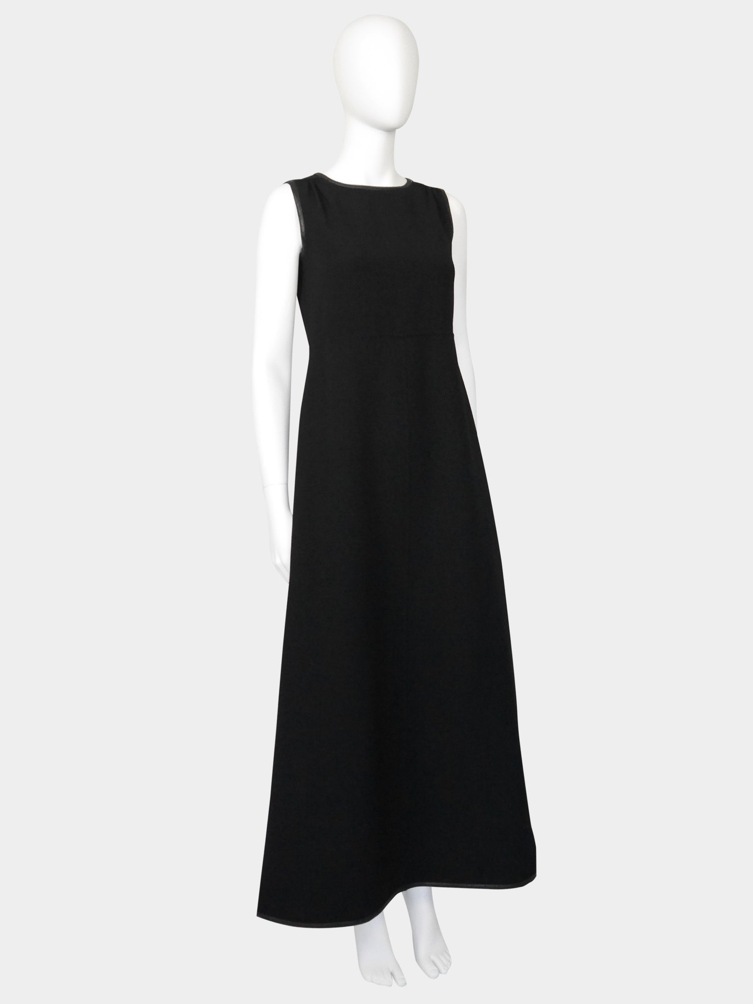 COURRÈGES 1960s 1970s Vintage Black Maxi Evening Dress Faux Leather Edges Size S