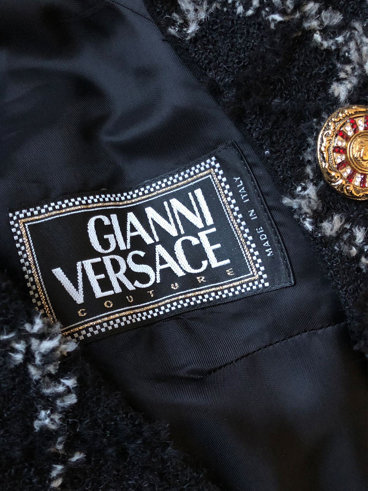 GIANNI VERSACE Couture Fall 1993 Vintage Bouclé Coat w/ Jeweled Medusa Buttons