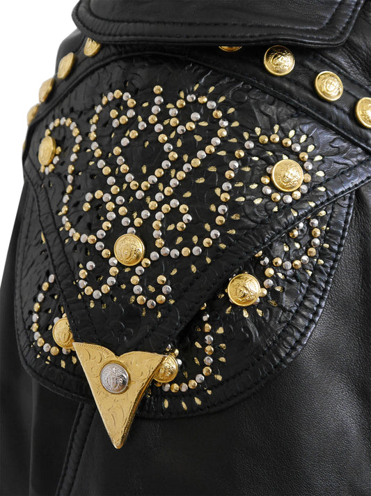 GIANNI VERSACE Couture Fall 1992 Vintage Studded Tooled Leather Bondage Gladiator Shorts