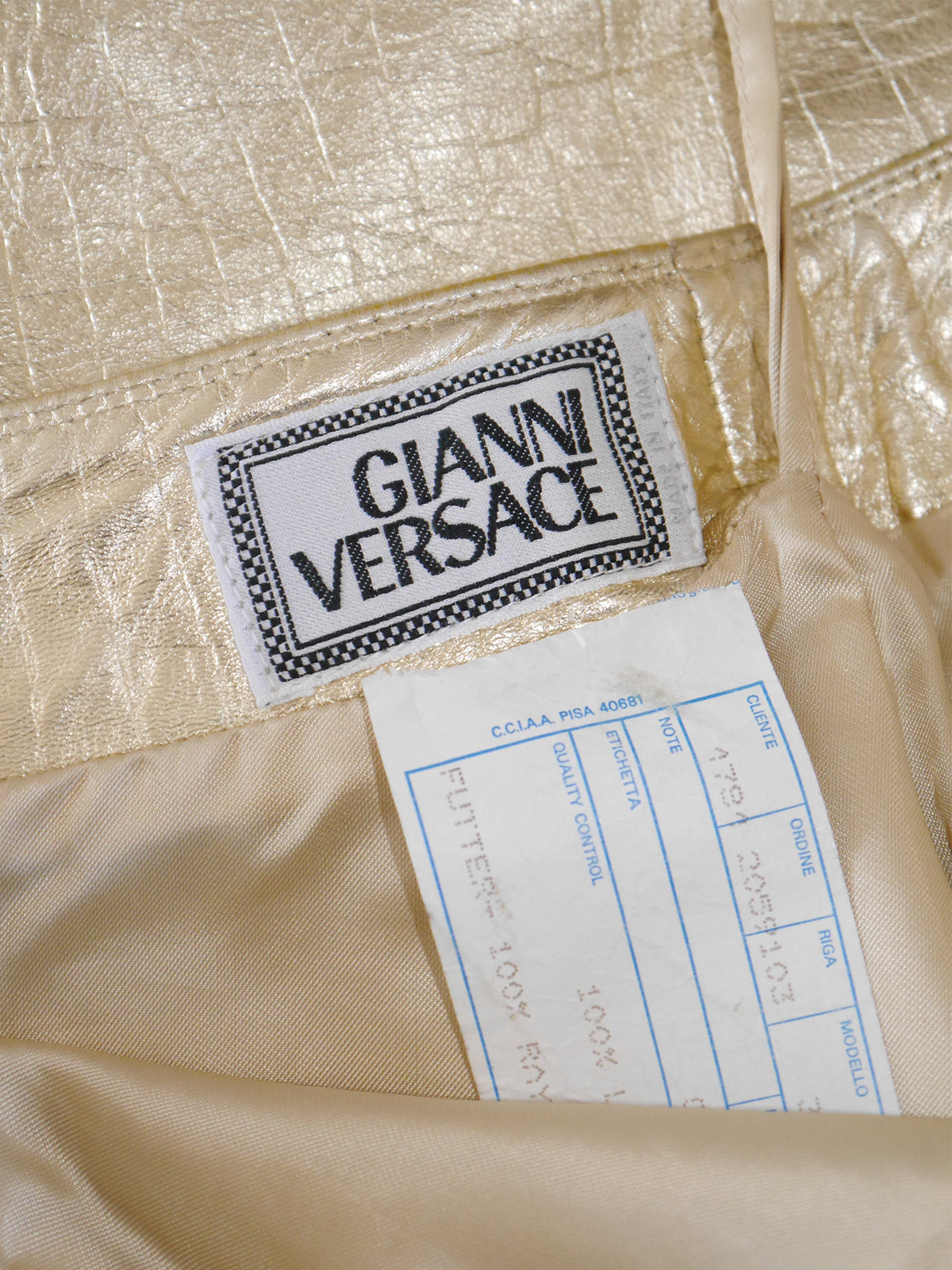 GIANNI VERSACE Fall 1994 Vintage Metallic Gold Leather Biker Jacket & Skirt Suit