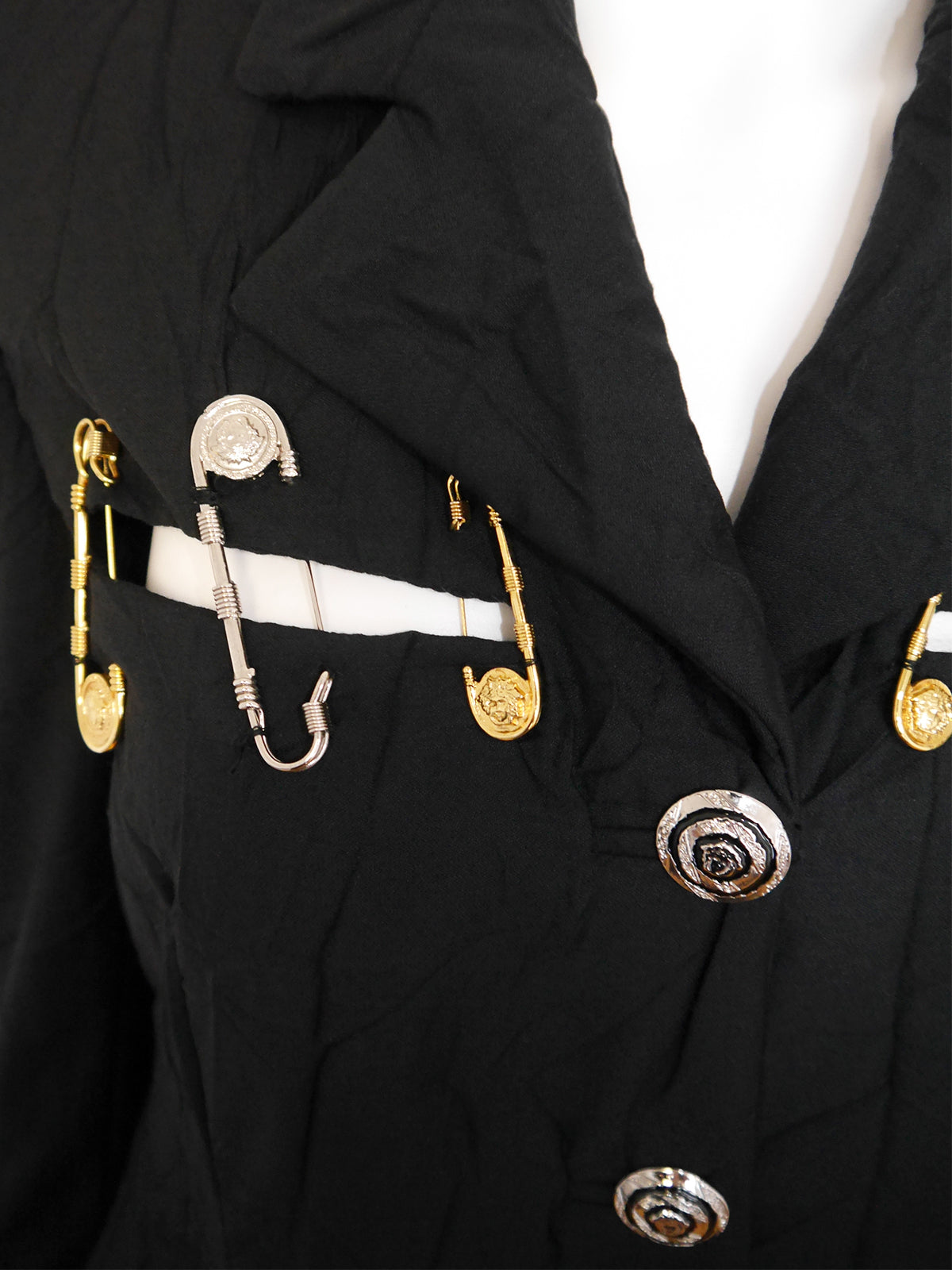 GIANNI VERSACE Couture Spring 1994 Vintage Black Crinkled Safety Pin Jacket