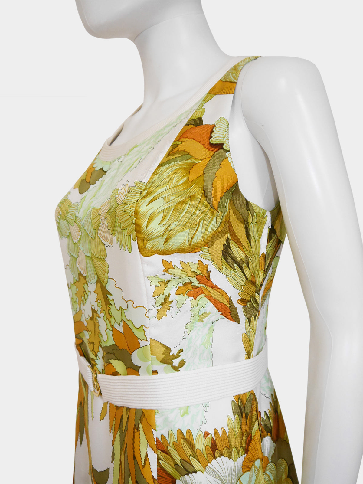 HERMÈS Vintage Printed Silk Twill Maxi Evening Dress w/ Belt Size M-L