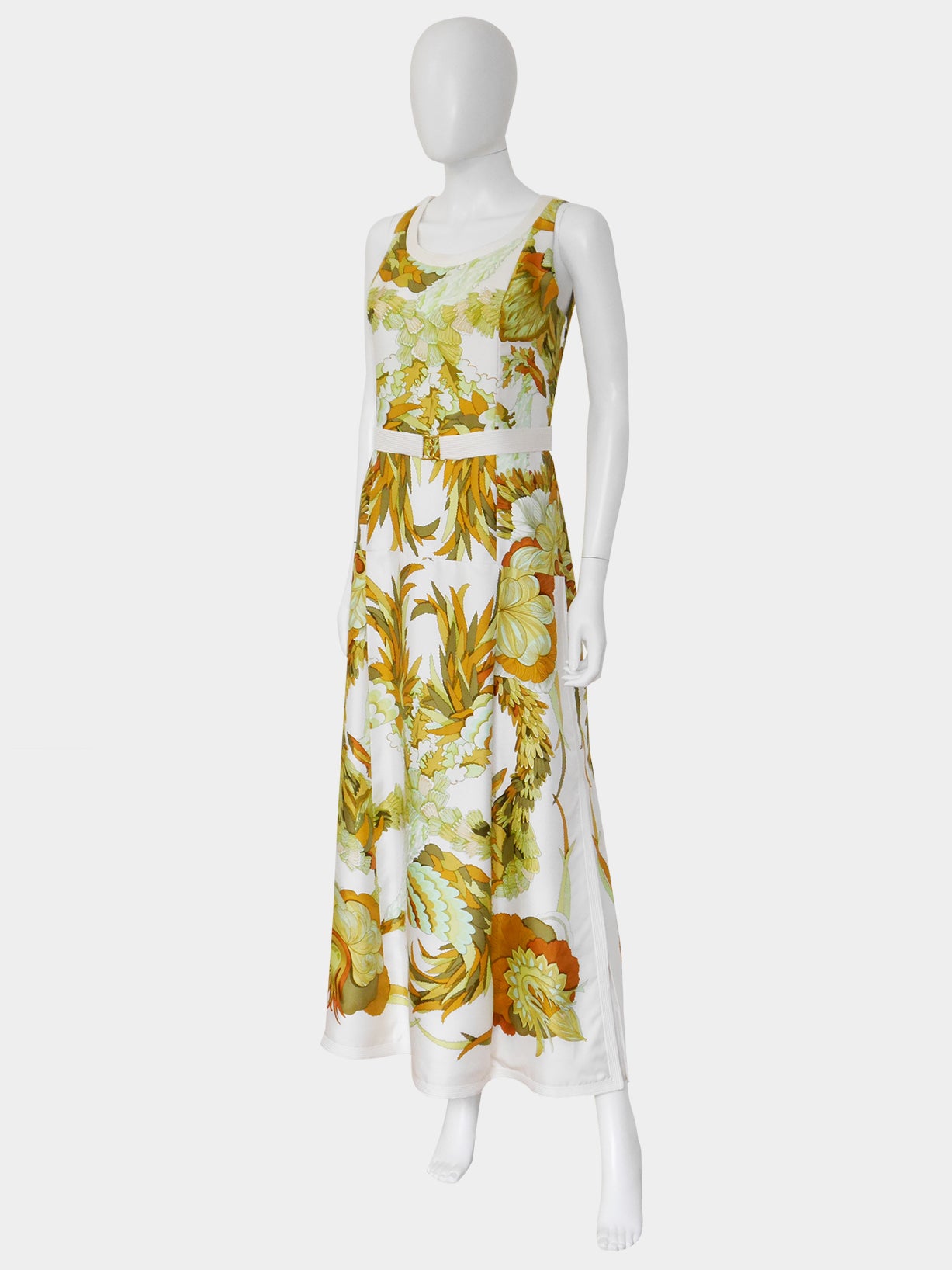 HERMÈS Vintage Printed Silk Twill Maxi Evening Dress w/ Belt Size M-L