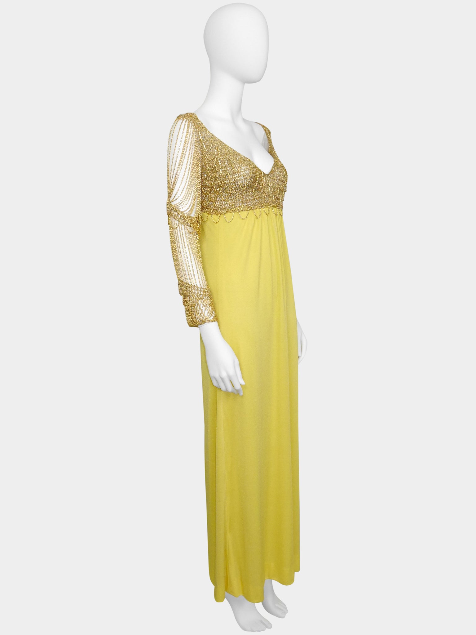 LORIS AZZARO 1970s Vintage Crochet Chainmail Maxi Evening Gown