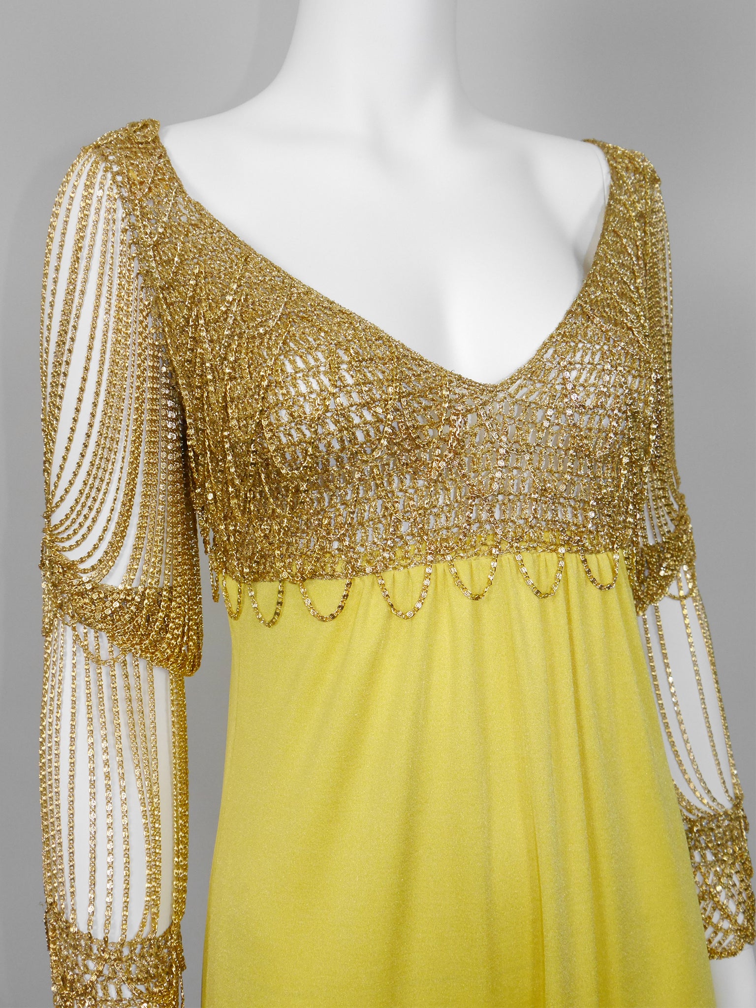 LORIS AZZARO 1970s Vintage Crochet Chainmail Maxi Evening Gown