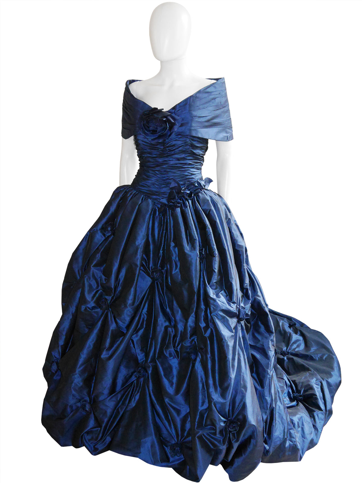 LORIS AZZARO c. 1990s Blue Silk Taffeta Ball Gown w/ Train & Stole