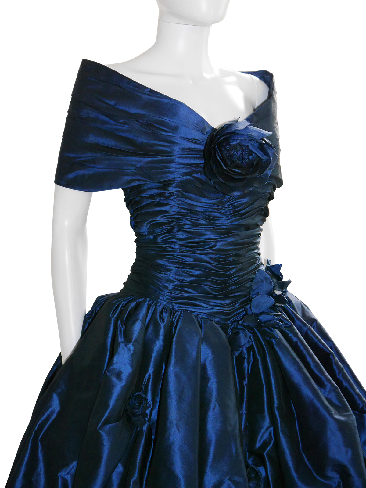 LORIS AZZARO c. 1990s Blue Silk Taffeta Ball Gown w/ Train & Stole