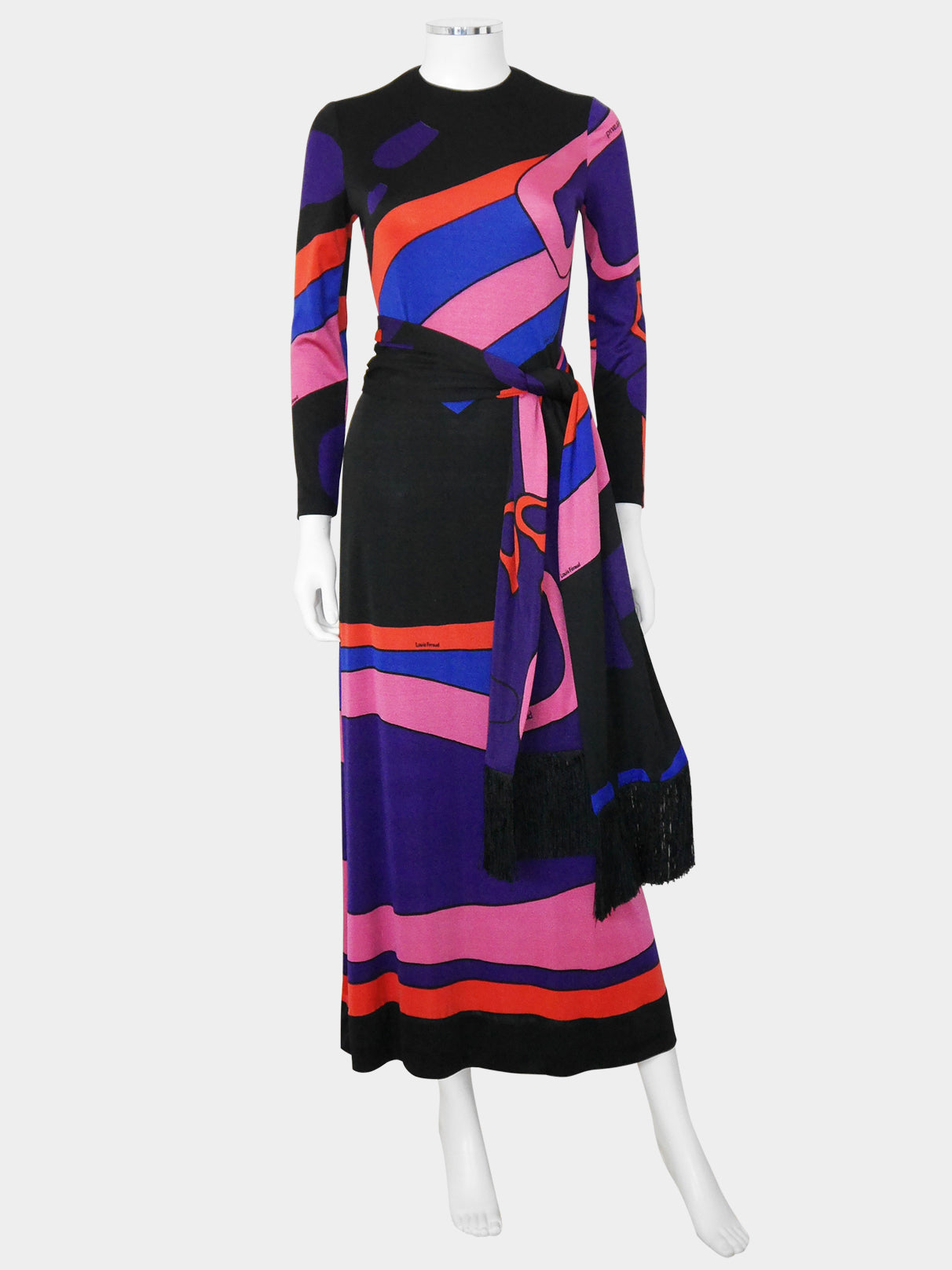 LOUIS FÉRAUD 1960s 1970s Vintage Psychedelic Graphic Print Maxi Dress & Scarf Size XS