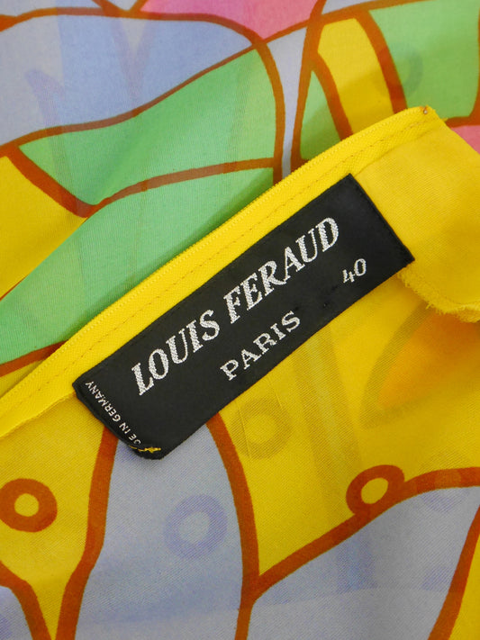 LOUIS FÉRAUD 1960s 1970s Vintage Yellow Graphic Print Maxi Dress Gown Size S