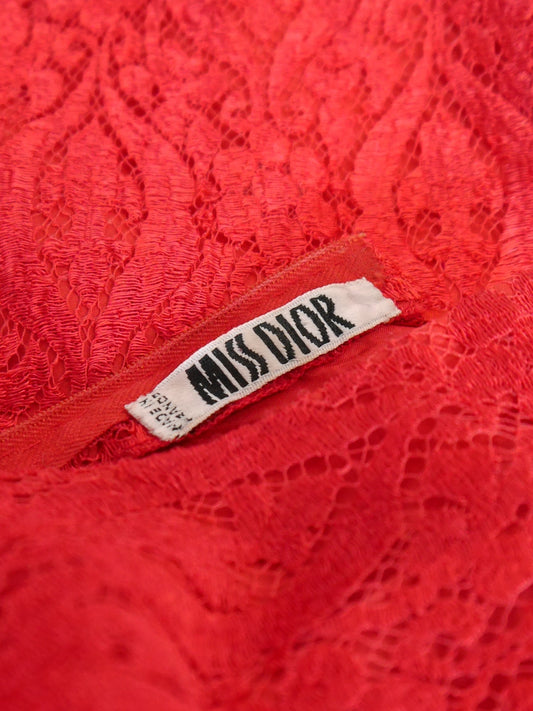 MISS DIOR by Christian Dior c. 1970 Vintage Red Lace Maxi Evening Gown Size S