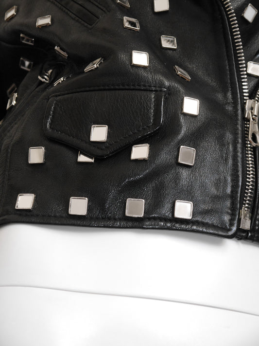 MOSCHINO 1980s 1990s Vintage Mirrored Leather Moto Biker Jacket