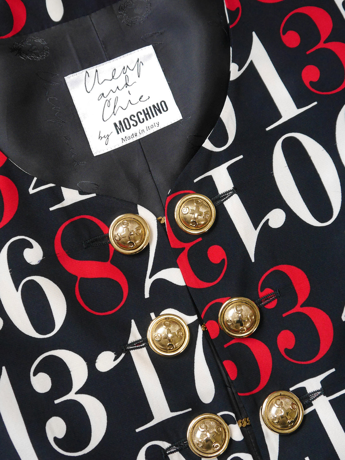 MOSCHINO 1990s Vintage Numbers Print Cropped Bolero Jacket w/ Cufflink Style Buttons