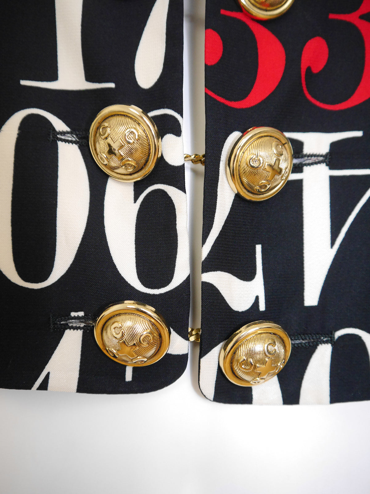 MOSCHINO 1990s Vintage Numbers Print Cropped Bolero Jacket w/ Cufflink Style Buttons Size XS