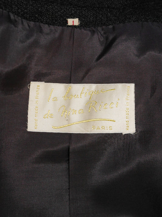 NINA RICCI c. 1960 Vintage Dress & Jacket Day Suit Grey Wool